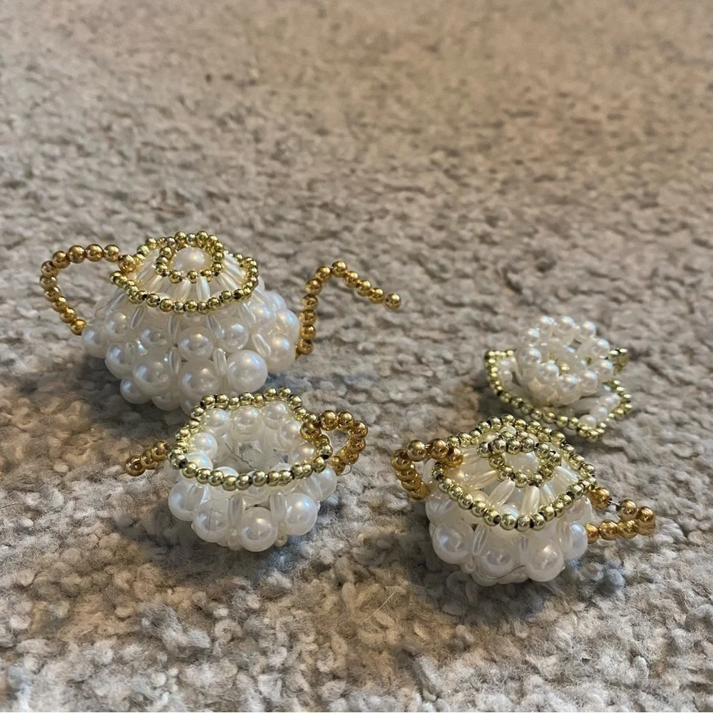 Vintage Handmade Tea Set Pearl Gold Bead Elf Size Miniature Mini